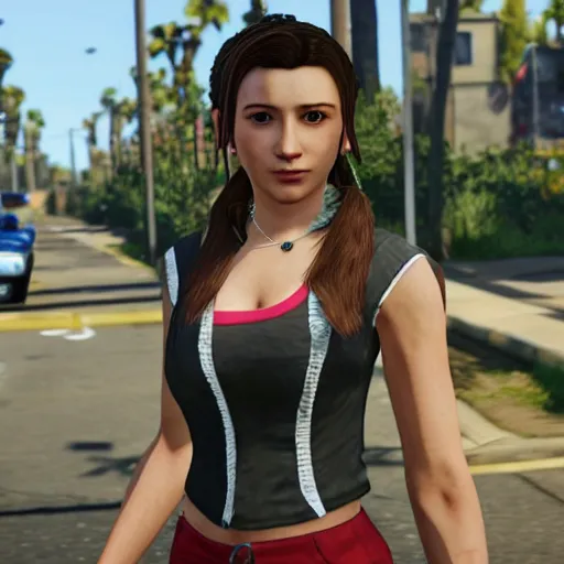 Image similar to Screenshot of Aerith Gainsborough in the game GTA V, highly detailed