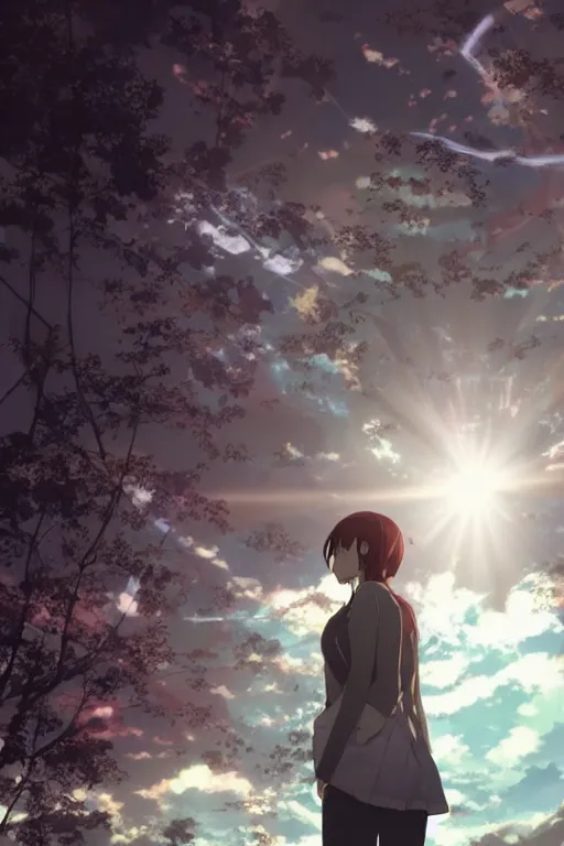 Prompt: Kurisu Makise by Akihiko Yoshida, Makoto Shinkai, with backdrop of god rays