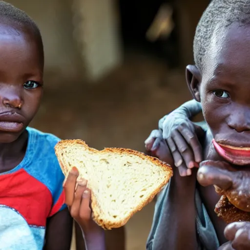 Prompt: photo of a malnourished ugandan boy sharing bread with a blond american