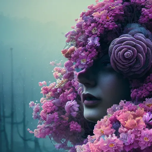 Prompt: beautiful dark landscape, medusa head with beautiful flowers, in the style of beeple and Mike Winkelmann, intricate, epic lighting, cinematic composition, hyper realistic, 8k resolution,