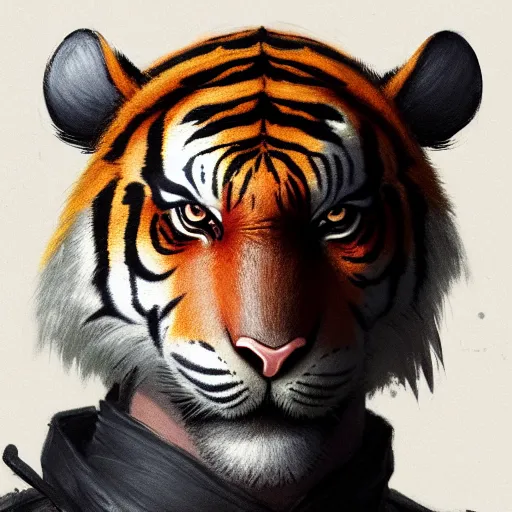 Prompt: portrait male anthro tiger dressed in military clothes character full body precis no blur, concept art, character sheet, nier automata, gaston bussiere, greg rutkowski, tsutomu nihei, cyberpunk, trending on artstation, featured on pixiv, hyper detail, cinematic composition, 8 k, detaiped face