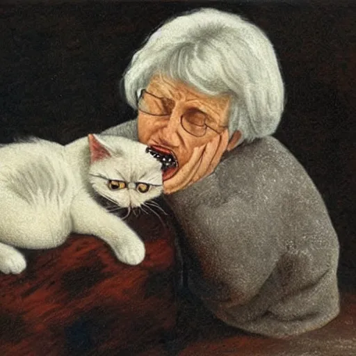 Image similar to an old woman who has swallowed a while cat