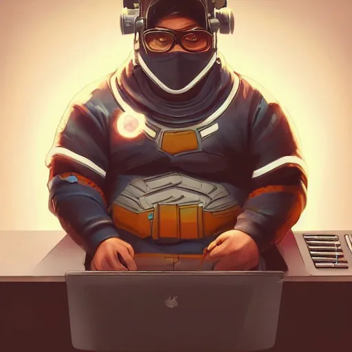 Image similar to an insanely detailed painting of a chubby nerdy asian man wearing a homemade superhero costume and mask, sitting at a computer desk typing on the keyboard, in the style of peter mohrbacher, dramatic lighting and composition, trending on artstation, concept art, comic book, graphic novel, back view