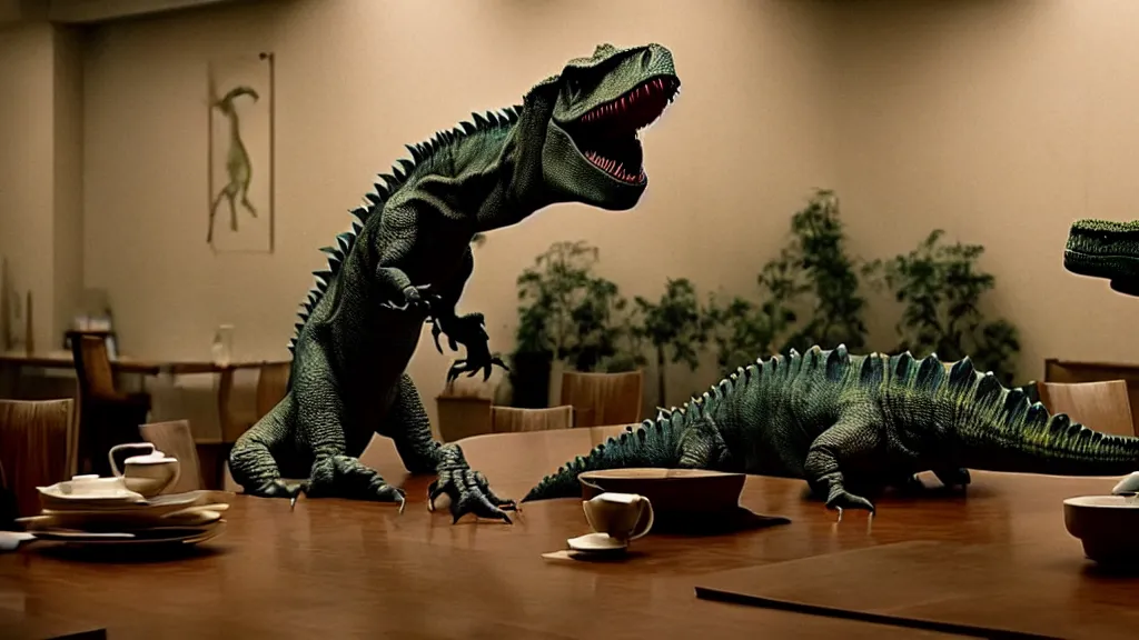 Image similar to the strange dinosaur sits at a table, film still from the movie directed by Denis Villeneuve with art direction by Salvador Dalí, long lens, shallow depth of field