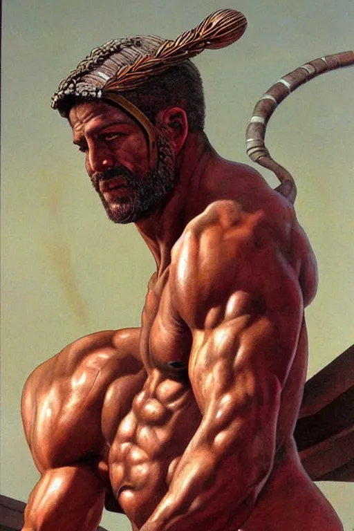 Prompt: Gladiator, muscular, detailed face, correct face, painting by Moebius