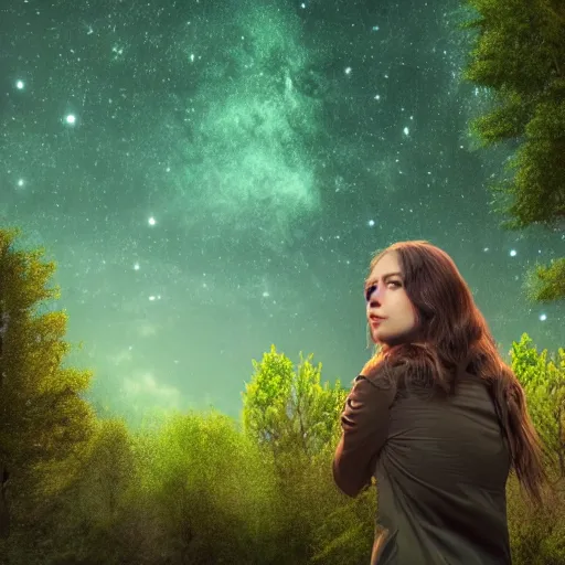 Image similar to an hd photo of a young woman with short brown hair and green eyes, beautiful trees in the background, night sky with stars and galaxies, trending on artstation