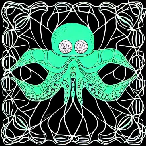 Image similar to cyborg octopus symmetrical colour ink painting, digital art, minimal geometric