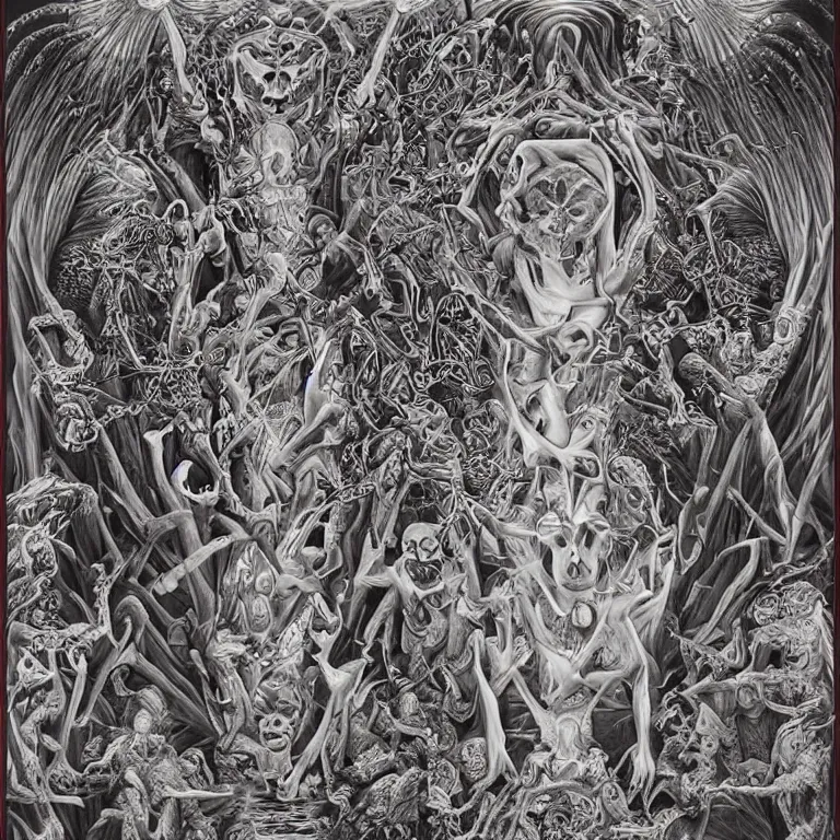 Image similar to meditation on death by Alex Grey and M. C. Escher collaboration