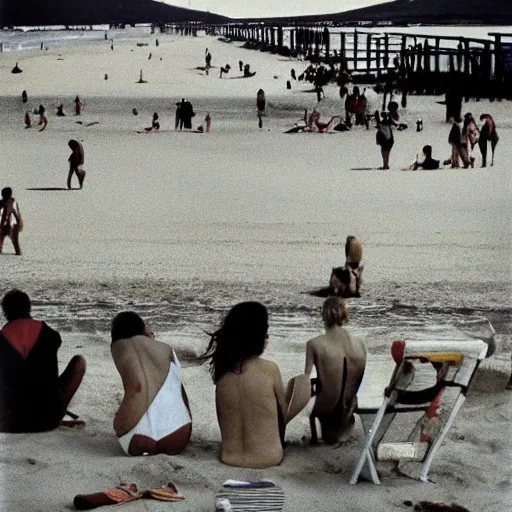 Prompt: a photo of people at the beach, by william eggleston, 1976