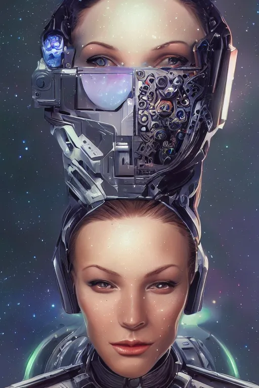 Image similar to portrait of a space cyborg, 3d, third person, lasers, cosmic background, fantasy, intricate, elegant, highly detailed, lifelike, photorealistic, digital painting, artstation, illustration, concept art, sharp focus, art by adam hughes