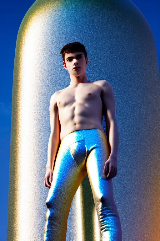 Image similar to un ultra high definition studio quality photographic art portrait of a young man standing on the rooftop of a british apartment building wearing soft baggy inflatable padded silver iridescent pearlescent clothing. three point light. extremely detailed. golden ratio, ray tracing, volumetric light, shallow depth of field. set dressed.