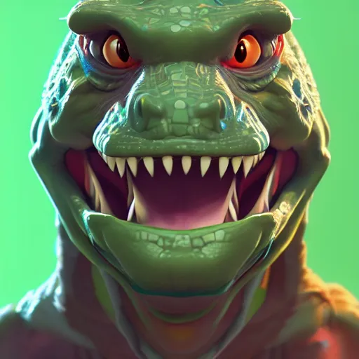 Image similar to Portrait of a Lizardman in the style of Disney, toon aesthetic, stylized character, 3d render, Trending on artstation , HD quality, dramatic light, octane