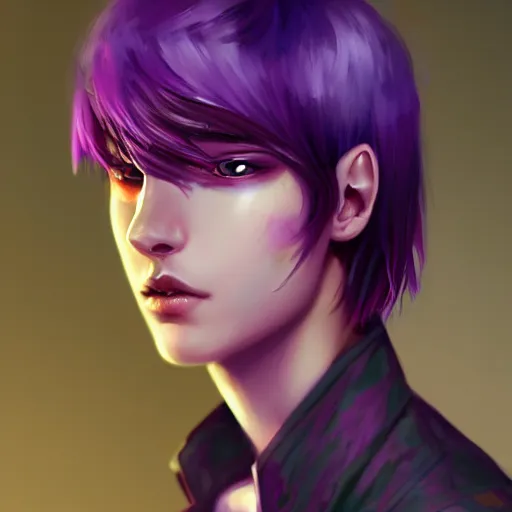 Image similar to colorful and festive captivating teenager boy with straight purple hair, purple eyes with red eye markers, slim body, wearing japanese combat clothes. rich vivid colors, ambient lighting, dynamic lighting, 4 k, atmospheric lighting, painted, intricate, highly detailed by charlie bowater