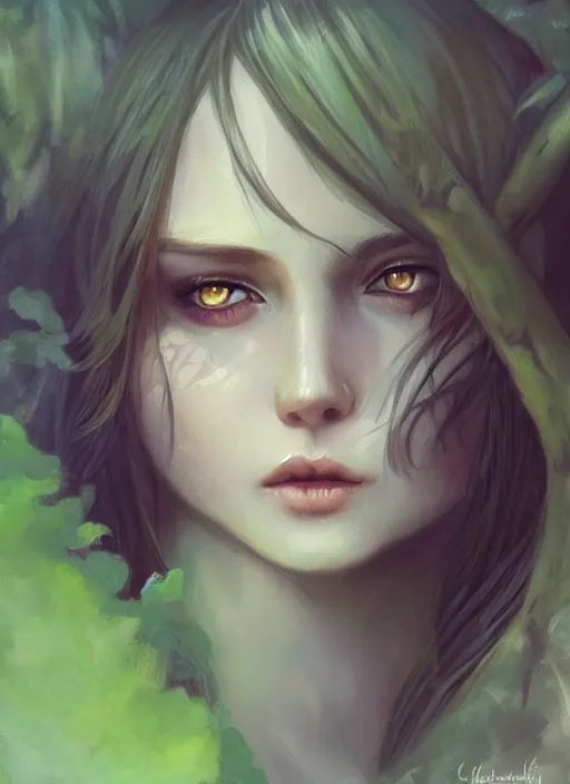 Prompt: girl lying in forest, face close up, art by charlie bowater