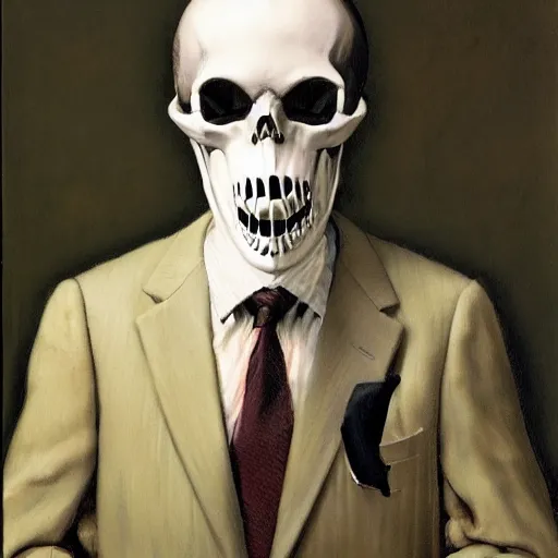 Prompt: frontal portrait of a suited man with medical gloves and a skull face mask, by Gerald Brom and Norman Rockwell