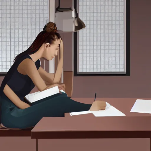 Image similar to hyperrealistic rendition of lo-fi girl sitting at a desk studying