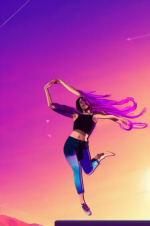 Image similar to a beautiful dancing woman with ombre purple pink hairstyle in a stunning GTA V loading screen, hair blowing in the wind, sunset mood, outrun, vaporware, retro, digital art, trending on artstation