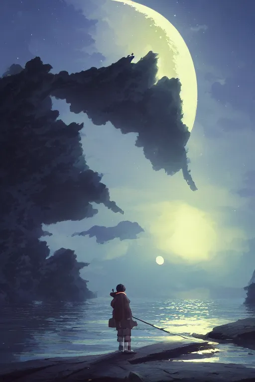 Prompt: a highly detailed matte painting of a fishing under crescent moon and stars by studio ghibli, makoto shinkai, by artgerm, by wlop, by greg rutkowski, volumetric lighting, octane render, 4 k resolution, trending on artstation, masterpiece