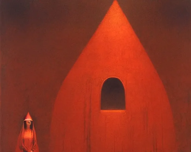 Image similar to by francis bacon, beksinski, mystical redscale photography evocative. devotion to the scarlet woman, priestess in a conical hat, coronation, ritual, sacrament