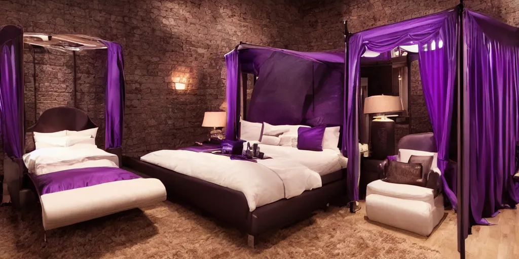 Image similar to night time, moody dark, dark purple leather dungeon bedroom with king size canopy bed, blade runner 2 0 4 9