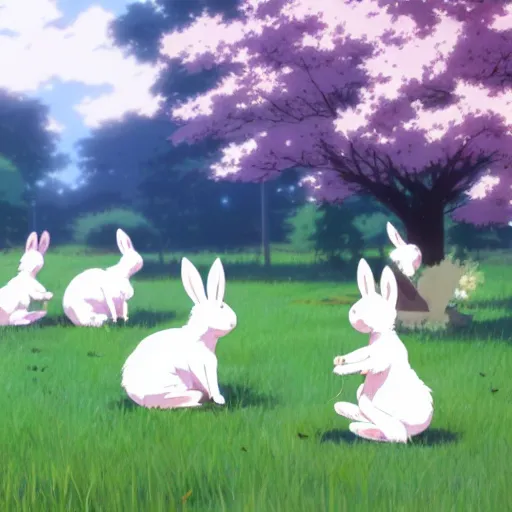 Prompt: A group of white bunny rabbits under the cherry tree, Makoto Shinkai