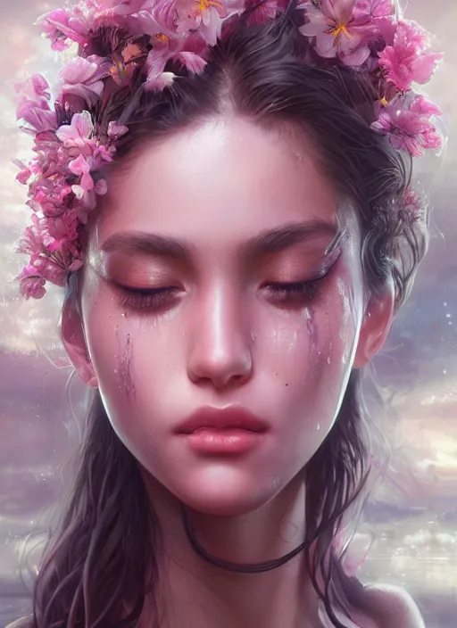 Image similar to beautiful, young woman, extremely detailed gorgeous face, looks realistic, hyper-detailed portrait, sad eyes tears, vaporwave aesthetic, synthwave, magical, fantasy, flowers, artist Artgerm and Greg Rutkowski and WLOP
