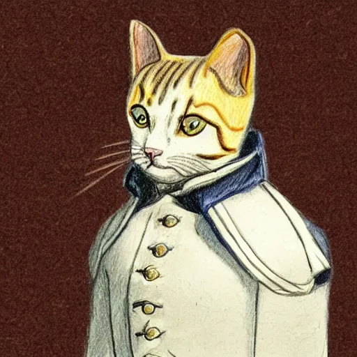 Image similar to a hatched sketch of a cat wearing napoleon's clothing