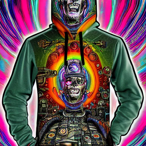 Prompt: mockup of a black hoodie with a hyperdetailed portrait of a steampunk robot on lsd in robert crumb style, 8 k, symetrical, flourescent colors, trippy mood, multicolored,