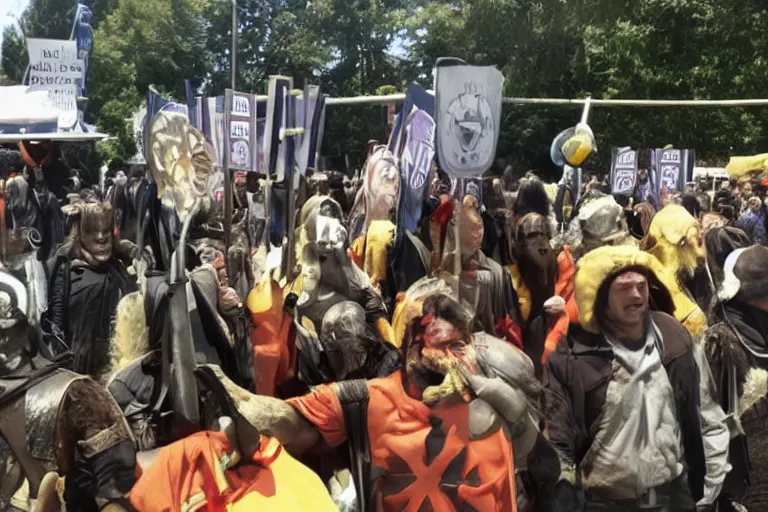 Image similar to cellphone photograph of lord of the rings uruk - hai and orcs protesting the working conditions at a mcdonalds parking lot in the daylight. dirty mcdonalds uniforms, aprons. picket signs and battleaxes in hand