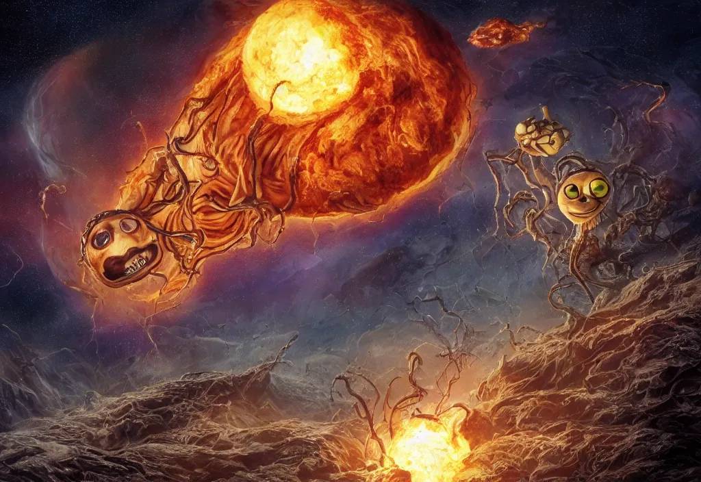 Prompt: eldritch horror bloody garfield in space, hd, 8 k, giant, epic, realistic photo, unreal engine, prophecy, powerful, cinematic lighting, destroyed planet, debris, violent, sinister, ray tracing, dynamic, epic composition, dark, horrific, teeth, grotesque, monochrome drawing, hellscape, corpses, foreboding, lightning, garfield cartoon eyes