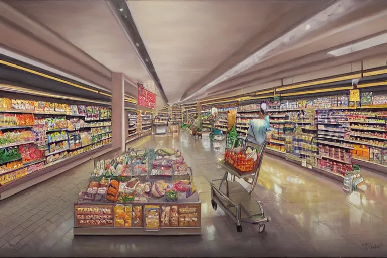 Prompt: a beautiful painting of a pristine and sterile supermarket grocery store, representative of the art style of artgerm and wlop and peter mohrbacher