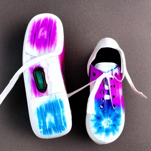 Prompt: tie - die roller skates on a white background