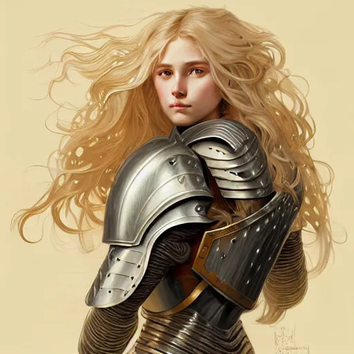 Prompt: Portrait of a girl with blonde wavy hair wearing a heavy knight armor, face, fantasy, intricate, elegant, highly detailed, digital painting, artstation, concept art, smooth, sharp focus, illustration, art by Wei Fan and Fernanda Suarez and Artem Demura and alphonse mucha