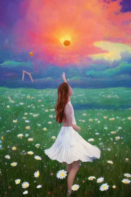 Image similar to giant white daisy flower as head, girl dancing in a flower field, surreal photography, sunrise, dramatic light, impressionist painting, colorful clouds, digital painting, artstation, simon stalenhag