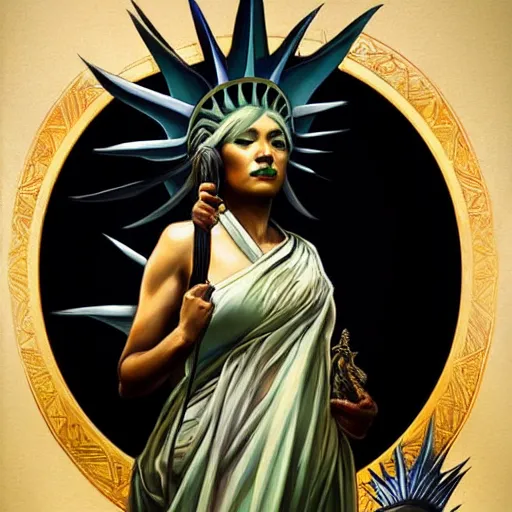 Prompt: detailed full body concept art illustration oil painting of Mayor Pete Executing Lady Liberty, oriental art nouveau, frock, mid body, radiant halo of light, black gold smoke ink, peter mohrbacher, artgerm