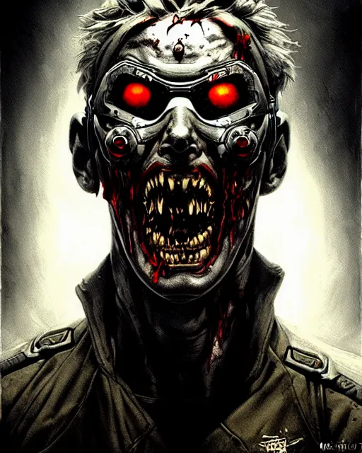 Prompt: soldier 7 6 from overwatch, evil zombie, character portrait, portrait, close up, concept art, intricate details, highly detailed, horror poster, horror, vintage horror art, realistic, terrifying, in the style of michael whelan, beksinski, and gustave dore