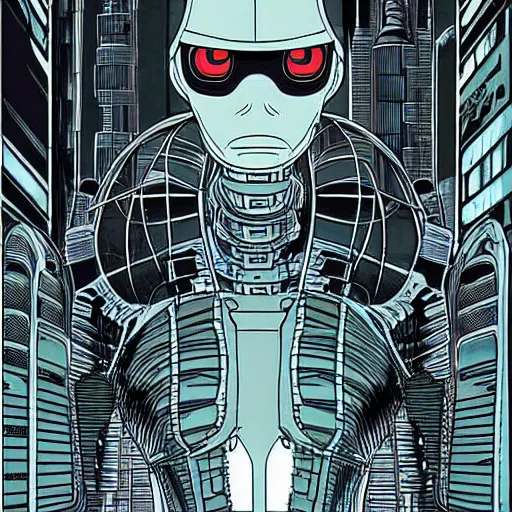 Image similar to portrait bender from futurama in futuristic city, by tsutomu nihei, by h. r. giger