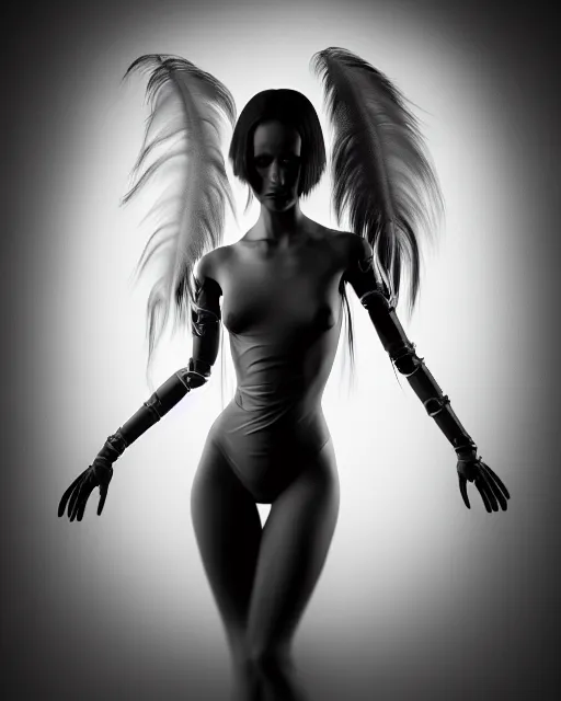 Image similar to surreal mythical dreamy dark artistic black and white fine art 3 / 4 portrait photo of a young delicate mutant female - cyborg with long pale feather hair, rim light, cinematic, studio dramatic light, poetic, octane render, 8 k, photo - realistic