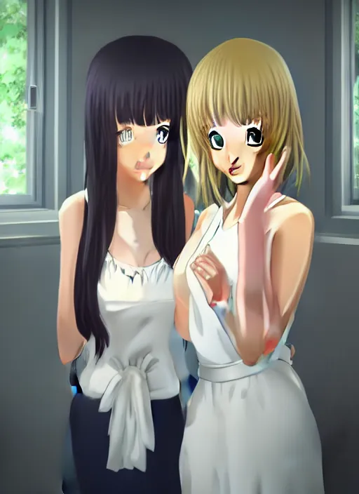 Prompt: two beautiful mature women in a summer home, wearing white dresses, gorgeous faces, cinematic lighting, detailed anime art