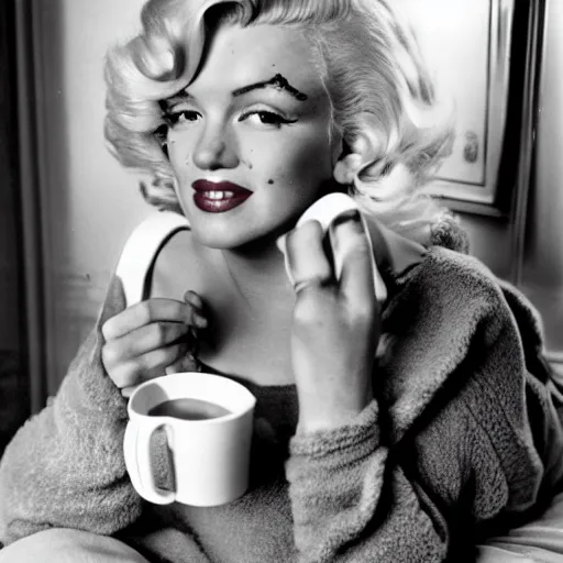 Prompt: a photo of Marilyn Monroe in comfy modern pajamas snuggled up with a blanket and mug of hot chocolate after having a nice uneventful day