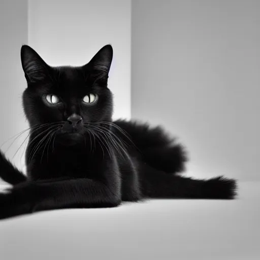 Image similar to national geographic photograph of a black cat sitting in a white room