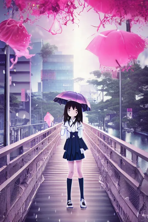 Prompt: 3d anime poster, realistic anime school girls stands on the bridge in tokyo, portrait, rainy weather, vapor, the palms come from the depths, rays of light breaking through the air, pink jellyfish everywhere, pink tones, super detailed and realistic, 3d anime poster, grid and web, minimalistic composition, center of frame, dramaticlly deep composition, pastel tones, center of the frame, redshift, octane, in the style of Hiro Kiyohara, cinematic, hyper realism, high detail, octane render, 8k