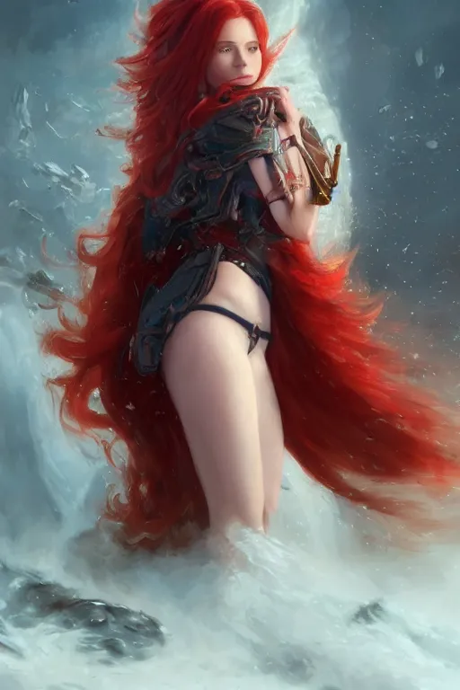 Image similar to beautiful cute red haired joyful and playful 1 9 year old maiden standing up, long hair, sci - fi, fantasy, intricate, elegant, digital painting, artstation, concept art, smooth, sharp focus, 8 k frostbite 3 engine, ultra detailed, art by artgerm and greg rutkowski and magali villeneuve