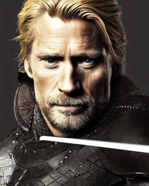 Image similar to jaime donald trump lannister holding a sword, lord commander of the kingsguard, the kingslayer, medium shot, highly detailed, hyperrealism, octane render