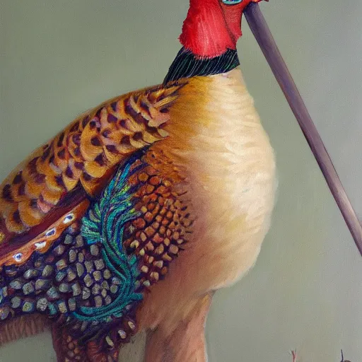 Prompt: Pheasant with sword on the belt, by lily seika jones , rivuletpaper art, very detailed, oil painting, harsh fairy tale, soft style, beautiful, high resolution, trending on artstation, steps 50