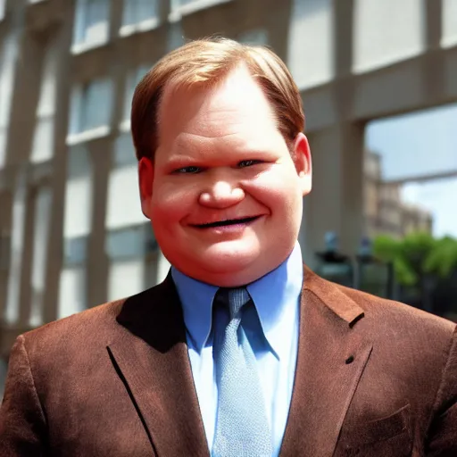 Image similar to Andy Richter is wearing a chocolate brown suit and necktie. Andy is standing outside in the bright sun. His face is covered with sweat.