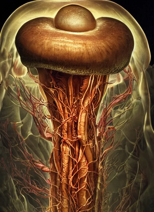 Image similar to magic mushroom with translucent skin, visible muscles and veins and arteries and bones and spines and nerves, beautiful detailed intricate insanely detailed octane render, 8k artistic photography, photorealistic, chiaroscuro, by David Cronenberg, Raphael, Caravaggio