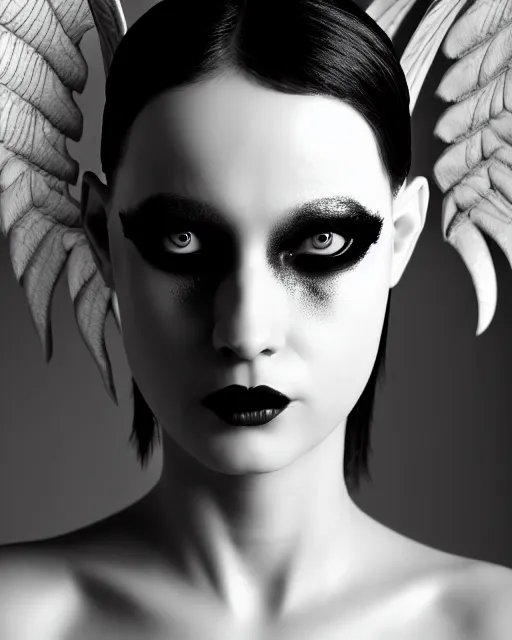 Image similar to surreal mythical dreamy dark artistic black and white fine art 3 / 4 portrait photo of a young delicate female mutant - cyborg with long pale feathers, rim light, cinematic, studio dramatic light, poetic, octane render, 8 k, photo - realistic