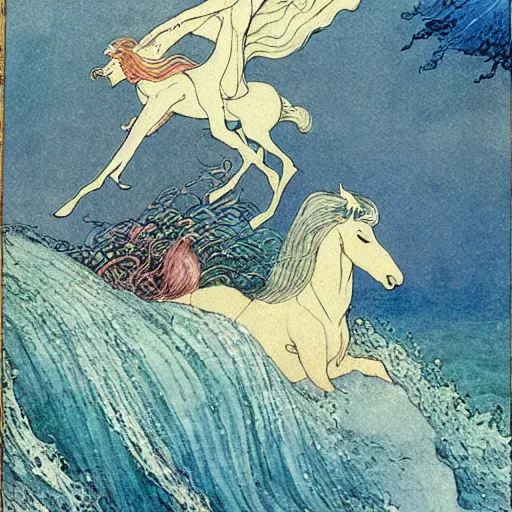 Prompt: an extremely colorful depiction of the wave scene from peter beagle ’ s the last unicorn, from a book of fairy tales illustrated by edmund dulac