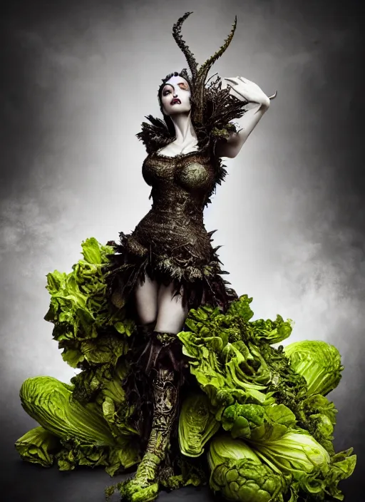 Image similar to expressive full body photo of demoness, dress made of cabbages, glamour shot, by karol bak, stefan gesell, photorealistic, nikon d 4 x, fashion photography, hyper maximalist, elegant, ornate, luxury, elite, environmental portrait, symmetrical features, octane render, unreal engine, solid dark grey background, dramatic lights